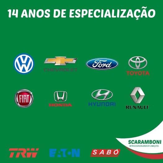Marcas de veículos atendidas pela Scaramboni: Volkswagen, Chevrolet, Ford, Toyota, Fiat, Honda, Hyundai e Renault